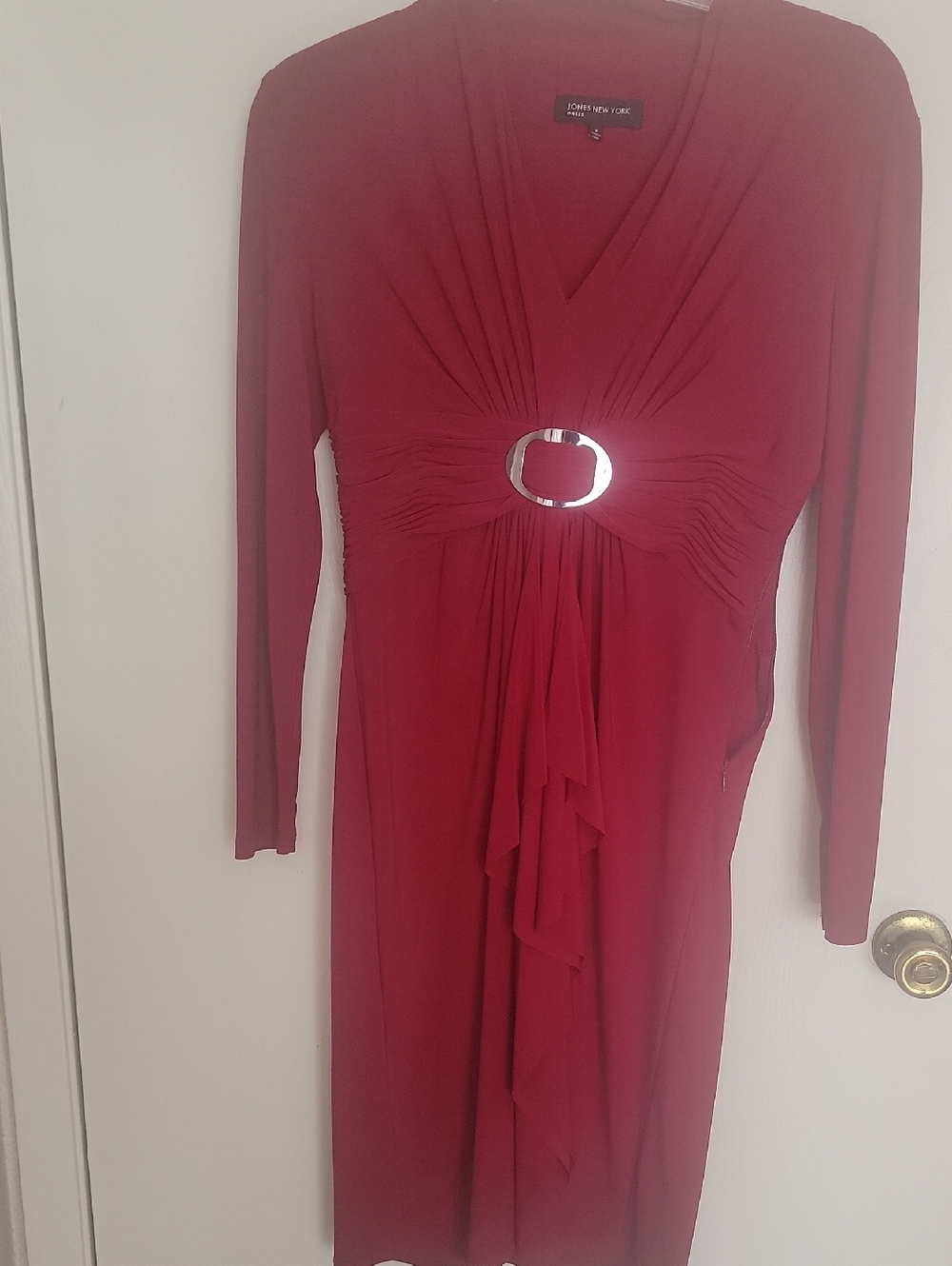 Jones New York Ruby Red Long-Sleeve V-Neck Dress with Silver Buckle